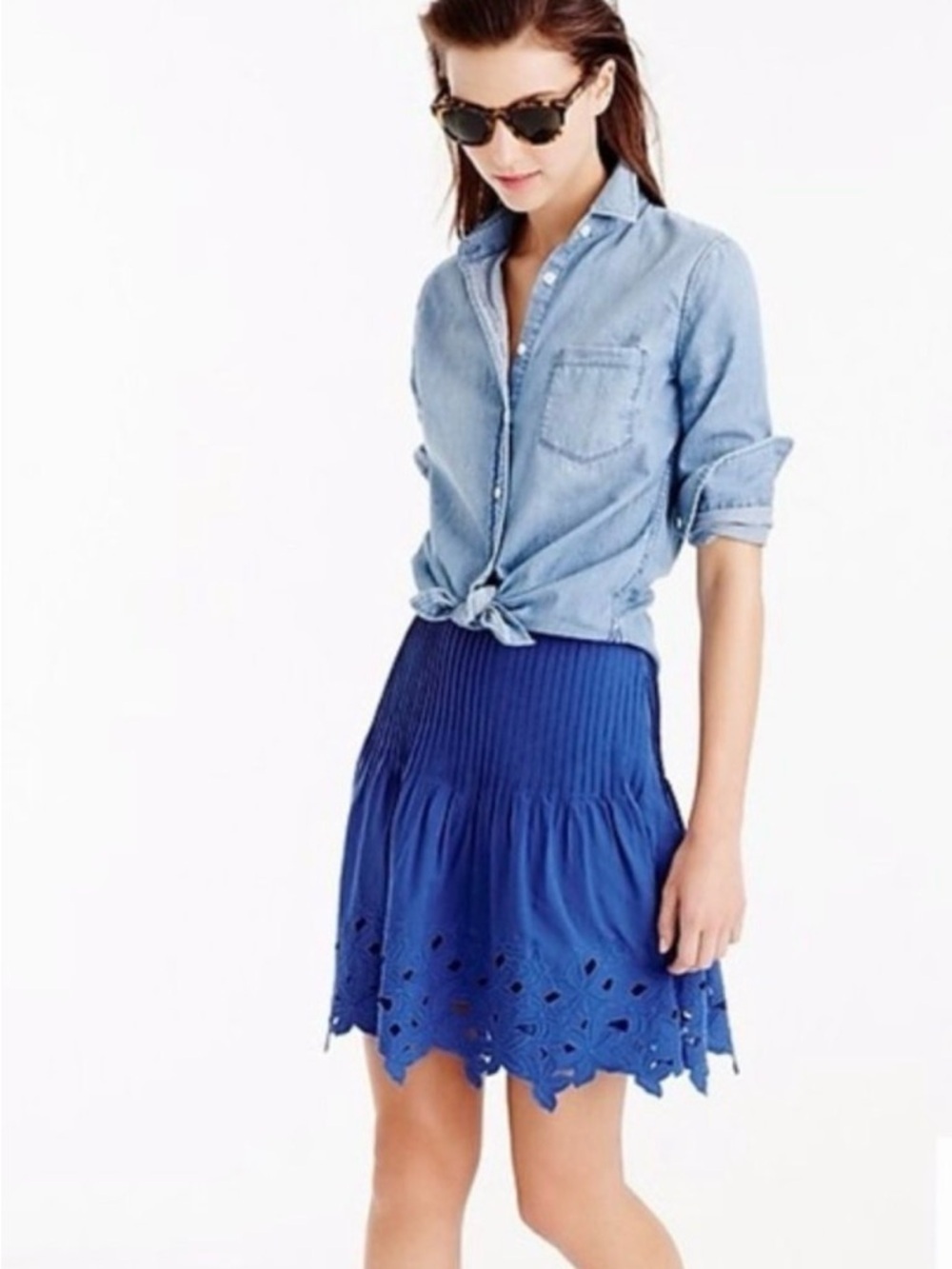 J. Crew Royal Blue Eyelet Mini Skirt Size 6 Cotton Ruffle Pleated Lined A-Line